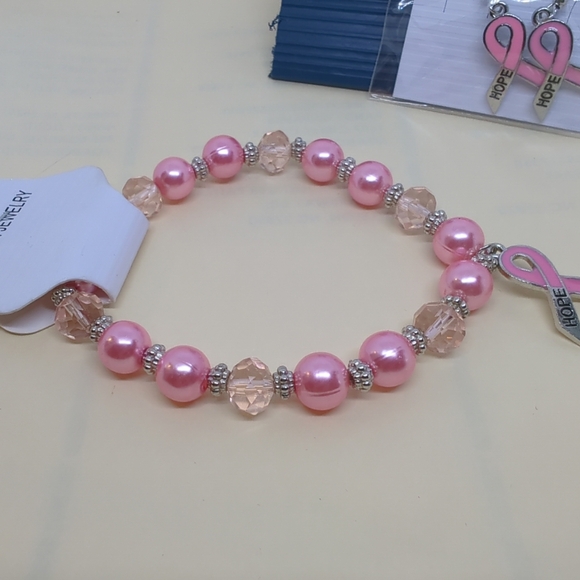 Breast Cancer HOPE Pink RIBBON Bracelet & Matching Earrings French Wires 3 PCS - Picture 6 of 12